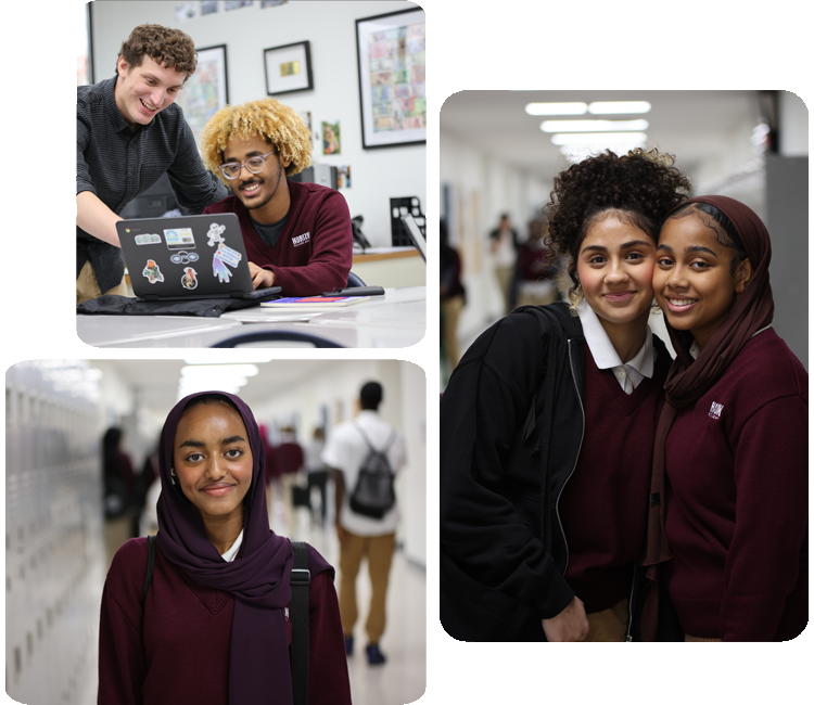 Collage showcasing various student activities including academics, science, and hands-on projects.